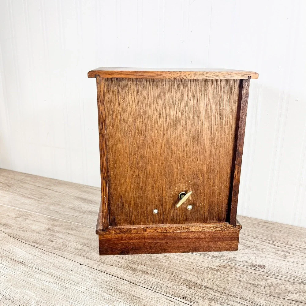 Vintage‎ Wood Musical Jewelry Box Armoire Cabinet Mesh Doors Brown Gold Hardware